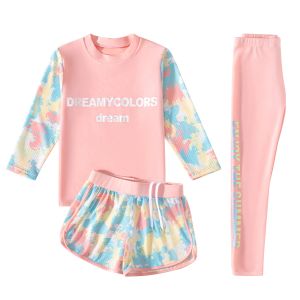 Swimwear Kids Girls 3Pcs Colorful Print Swimsuit Sun Protection Rash Guard Long Sleeve Swim Top Shorts And Pants Swimwear Bathing Suit