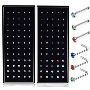 Body Arts 40/60Piece Stainless Steel Nose Stud Set Crystal Nostril Piercing Hoop Bulk L Shape Nose Ring Pack Piercing Nariz Body Jewelry d240503