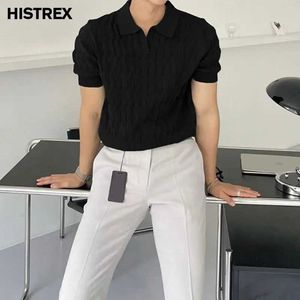 Men's Polos Mens Light Luxury Knitted Polo ShirtKorean Casual Stripe V-Neck Solid JacquardBreathable Short Slve T ShirtMan Clothing H240506