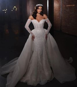 Luxury Lace Mermaid Wedding Dresses With Detachable Train 2024 Glitter Beads Sequins Long Sleeves Bridal Gowns Off The Shoulder Sweetheart Neck