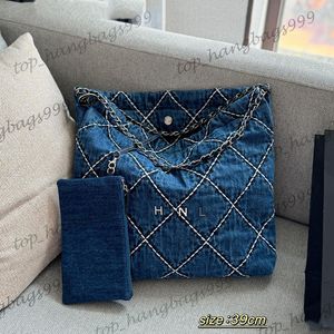 24P Ladies Vintage Designer Blue Denim Quilted 22 Large Shopping Shoulder Bags With Silver Coin Charm Wallet Pouch Metal Hardware Large Capacity Pocket 39x39cm