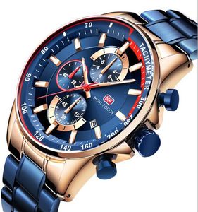Moda niebieska zegarek kwarcowy zegar metalowy pasek wielofunkcyjny kalendarz sportowe zegarki męskie