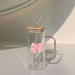 Tumblers 350ML square cup with lid and line bow water family womens milk coffee pink handle gift H240506