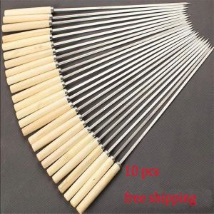 Accessories Flat Barbecue Stick BBQ Roasting Needle With Wooden Handle Brochette Tong Kebabe Skewers Stainless Steel Roasting Tools