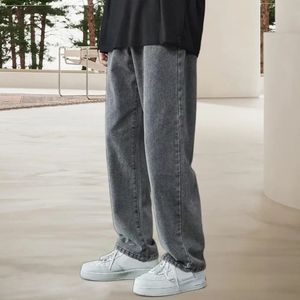 Men Jeans Zipper Fly Solid Color Straight Denim Trousers Spring Autumn Loose Fit Wide Leg Hip Hop Baggy For Travel 240426