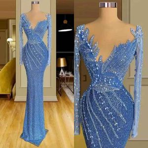 Blue Column Prom Dresses V-Neck långärmad golvlängd Lace Design Applicques Paljetter Beading Celebrity Evening Dresses Plus Size Custom Made L24743