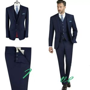 Anpassade män Made Slim Navy Fit Blue Wedding Suits Groom Tuxedos Groomsmen Formell kostym Toppkvalitet Tre stycken (Jacka +Pants +Vest) Smen