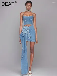 Arbetsklänningar Streetwear Trend Denim Set Women Sexig Slim Elastic Zipper Suspender Rose Patchwork Designer Kjolar 2024 Spring 11xx2493