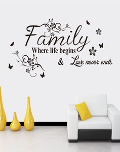 Black Flower Family Where Life Begins Love Never Ends Wall Citat Decal Sticker English Say Flower Rattan Art Mural Living Room 1768247