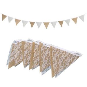 Bannerflaggor Vintage Wedding Lace Banner Hessian Bunting Flags For Bridal Shower Photo Booth Props Rustic Wedding Party Decorations Supplies