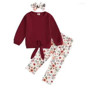 Clothing Sets Toddler Baby Girls Fall Outfits Tie Cutout Long Sleeves Tops And Floral Pants Headband Cute Clothes Set