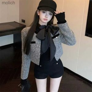 Women's Shorts Retro womens two-piece black bow shirt and short gray wool jacket with high waisted mini shorts elegant new autumn and winter 3-piece pants set WX