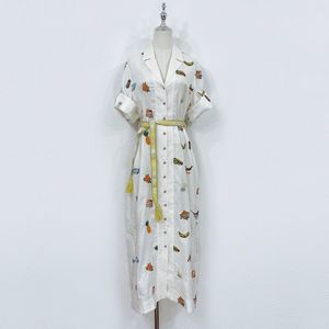 Sukienka damska lniana biała szyja na szyję z krótkim rękawem haft haftowy koszulka midi sukienka midi
