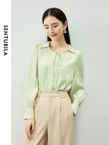 Blouses feminina Sentubila Comfort Button Up Lyocell Shirt Ladies 2024 Coloque verde de colarinho verde-pólo de pólo de pólo longo