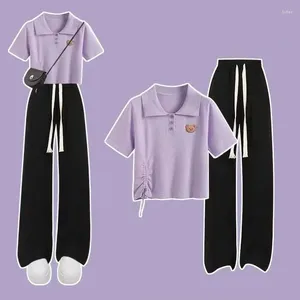 レディースツーピースパンツサマーかわいいベアシャーリング半袖Tシャツ長い1または2セット韓国の学生カジュアルトップスズボンスーツ