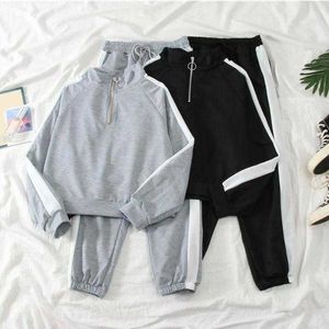 Womens Two Piece Pants 2pieceset womens sportswear pants set standing neck zipper womens autumn set wide leg pockets color matching womens track and field clothing