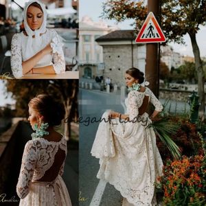 Kollu Muhteşem Dantel Ülke Elbiseler Uzun 3/4 Taraklı Boyun Sırtsız Süpürme Tren Boho A Hattalı Gelinlik Vestido De Novia