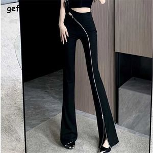 Women's Pants Capris Women Korean High Strt Sexy Hollow Zipper Harajuku Y2K E Girl Flare Pants Female Trendy Black Slim Trousers Elegant Pantnes Y240504