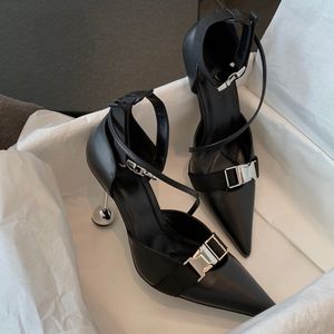 2024 Ladies pu vera sandali in pelle sandali in pelle stiletto alto tallone puntato con punta di piedi pilastro gladiatore gladiator scarpe raso party caviglia cintura di matrimonio americano europe siz 34-40