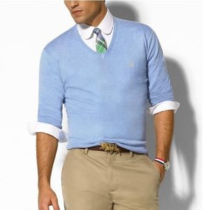 Высококачественный высококачественный бренд-свитер, мужской свитер, вышитый шерстяным свитером с V-образным вырезом, пуловер, теплый сплошной топ с длинным рукавами, мужской свитер