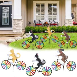 Dekorationer Rainbow Spinner Windmill Cat Dog Tiger On Bike Diy Bicycle Wind Spinner Whirligig Garden Lawn Decorative Gadgets Kids Toys