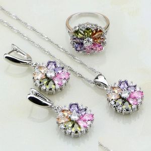 Bracelet & Necklace Sets 925 Sier Jewelry Flower Mticolor Stones For Women Wedding Earrings/Pendant/Necklace/Rings Drop Delivery Dho4X