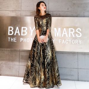 Robe De Soiree Evening Dress 2022 Gold Sequined Crystal O-Neck Black Floor-length Dinner Gowns 208h