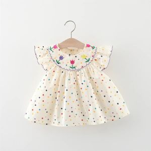 Dresses New Cute Girl'S Dress Sweet Rose Embroidered Small Round Dots Korean Version Loose Bubble Sleeve Cotton Beach Skirt