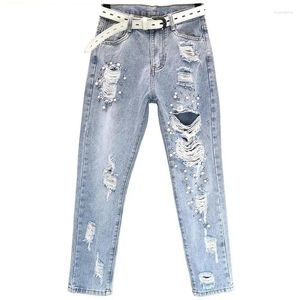 Jeans femminile 2024 Spring Summer Women Hole Uli Sliose High Waist Denim Pants pesante perline dritte nove punti Harem Cowboy Pareti di cowboy