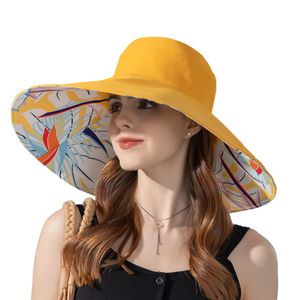 Kvinnor Summer Double-Sided Wide Brim Hat Sun Protection Flower Beach Cap Lady Outdoor Elegant Sunscreen Headgear Wholesale 240430