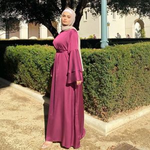 Ethnic Clothing Long Soft Waist And Ankle O-Neck Fashion Solid Satin Women's Sleeve Color Dress Muslim Clothes Under Scarf Hijab