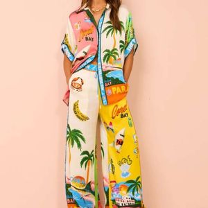 Summer Women Tracksuit Ladies Two Piece Set Shirt Top and Pants Floral Printed Short Sleeve Lapel Neck Colored Holiday Leisure Vacation Beach Clothing Set