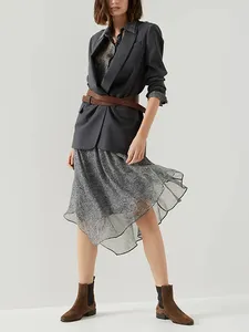 Women's Suits Women Wool Blend Shiny Buckle Suit Coat 2024 Spring Long Sleeve Single Button Fashion Office Lady Dark Gray Blazer