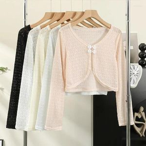 Women's Blouses Long Sleeve Knitted Mesh Shirts Womens Vintage Clothing Dress Outerwear Elegant Summer Sun-resistant Crop Top Women 2024