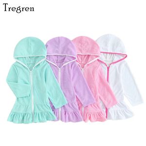 Tregren 28Y Kids Girl Hoodie Dress Casual Solid Color Ruffled Zipper Long Sleeves Beach for Toddler Baby Spring Clothes 240428