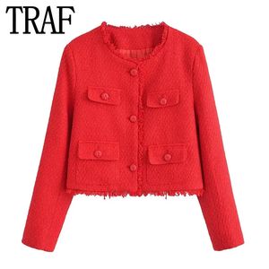 TRAF Red Tweed Jacket Женщины Осенняя укороченная винтажная куртка Женщина шикарная и элегантная женская куртка с длинным рукавом женские куртки 240506