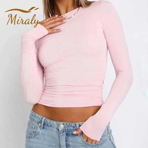 Women's T-Shirt 2024 Spring and Autumn Womens Y2K Pink T-shirt Tunic Long sleeved Crop Top O-Neck Drawn Bottom Tee Slim Fit T-shirtL2405