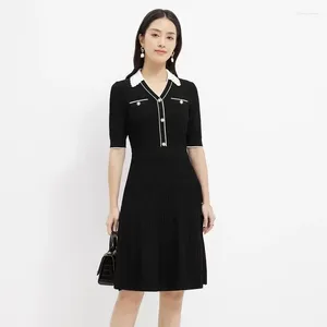 Party Dresses 2024 Summer Black Sticked tröja klänning Chic Fashion Women Beaded Lapel Short Sleeve Pearl Buttons Deco Slim Elastic Vestido