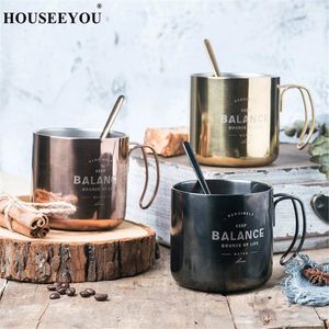 Mugs HOUSEEYOU Retro Stainless Steel Copper Plated Coffee Mug With Spoon Tea Cup Milk Water Juice Home Bar Office Drinking Tool