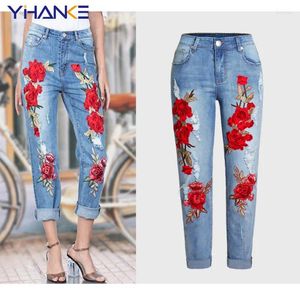 Frauen Jeans Damen losen dehnbar 3D mit Stickerei Rose Blume Elastizität Denimhose hohe Taille Y2K