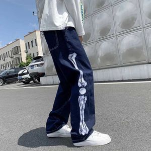 Мужские джинсы мужская скелетная сумка Сумка кавалевые джинсы мужская японская уличная одежда широкая джинсовая банки для мужских брюк мужские голубые джинсовые брюки