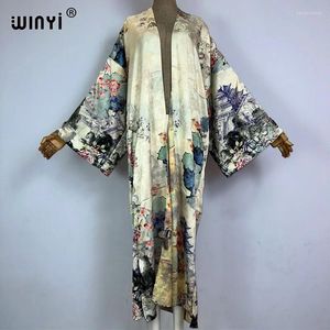 Herbst hochwertige doppelseitige gedruckte Seidenkleid Beach Kleidung Boho Strickjacke elegante Vertuschungen für Frauen Kimono