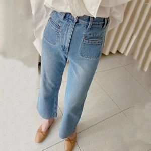 Kvinnors jeans 2024 Spring Blue Split för kvinnor med en liten designkänsla: Hög midja raka rörmikroflikbyxor