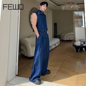 FEWQ Mens Denim Sets Korean Niche Stand Collar Denim Vest Loose Wide Leg Straight Jeans Summer Trendy Male Two Piece 9C138 240426