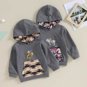 T-Shirts Toddler Erkek Kız Kız Hoodies Çocuk Kıyafetleri Batı Kovboy Baskı Uzun Kollu Kapşonlu Sweatshirts Bahar Sonbahar Külotları Topsl2405