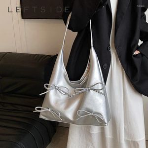 Drawstring Bow Design Pu Leather Big Korean Fashion Women Handbags And Purses 2024 Female Vintage Silver Crossbody Bags Shoulder