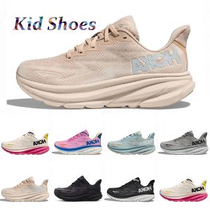 Kid Hokka One One Clifton 9 Running Shoes Running Designer Sneakers Hokkas Womens Triple Black White Cyclamen Sweet Lilac Lilac Sand Meninos Meninos Treinadores Tamanho 28-35