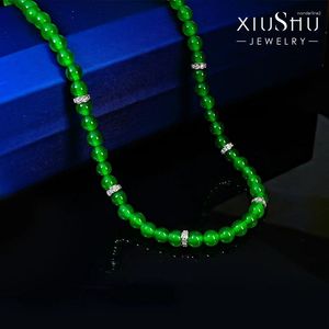 Chains Chinese Style Green Jade Chalcedony Bead String Type Imperial 925 Silver Inlaid Full 6mm Necklace Niche