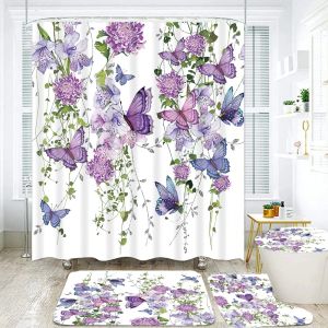 Curtains Purple Flower Butterfly Printed Waterproof Bathroom Shower Curtain Set NonSlip Bath Mat Rug Sets Toilet Cover Bathroom Decor