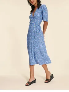 Party Dresses Blue One Piece Wrap Midi Dress Women Lace-up Short Sleeve Buttons Floral Print V-neck Female Spring Summer 2024 Robes